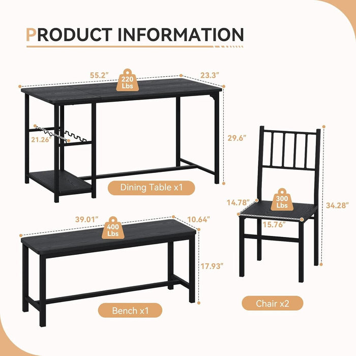 55-Inch Dining Table Set for 4 with Bench, Wine Rack, Black