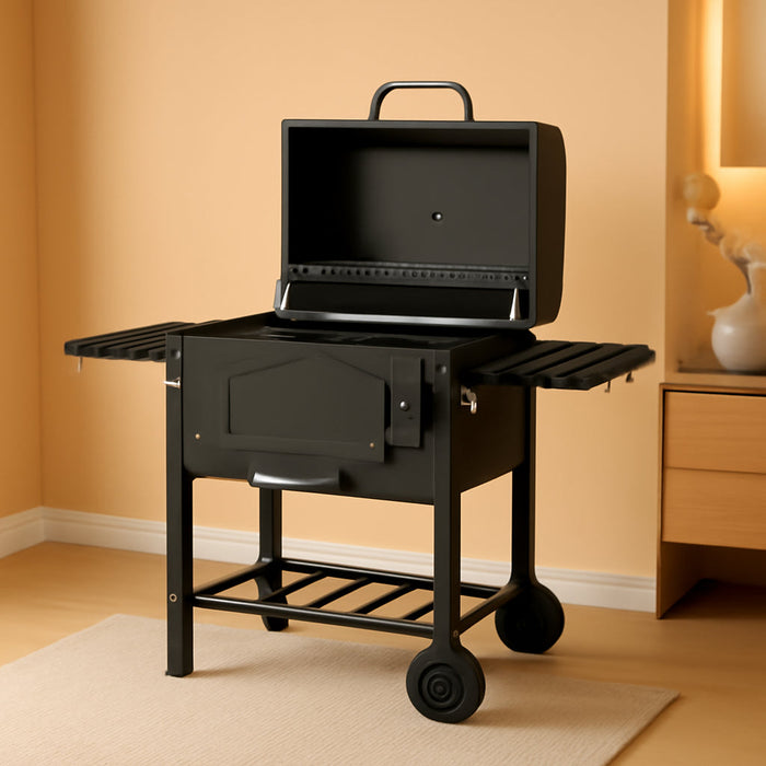 Charcoal Grill, Portable BBQ with Adjustable Height, Folding Shelves, Thermometer, Bottle Opener and Wheels, Barbecue for Outdoor Camping, Picnic, Patio, Backyard, Black