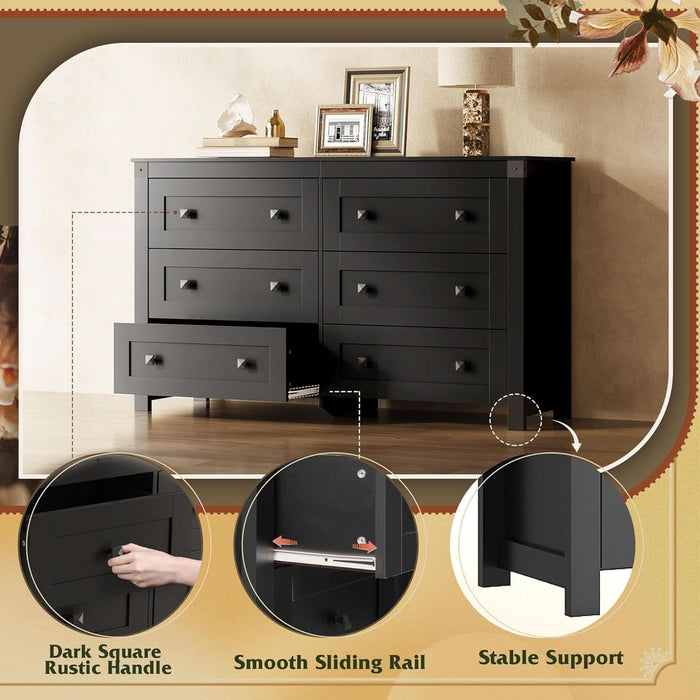 black 60 inch dresser Pensy Solid Wood Mid-Century Modern 6 Drawer Dresser Black