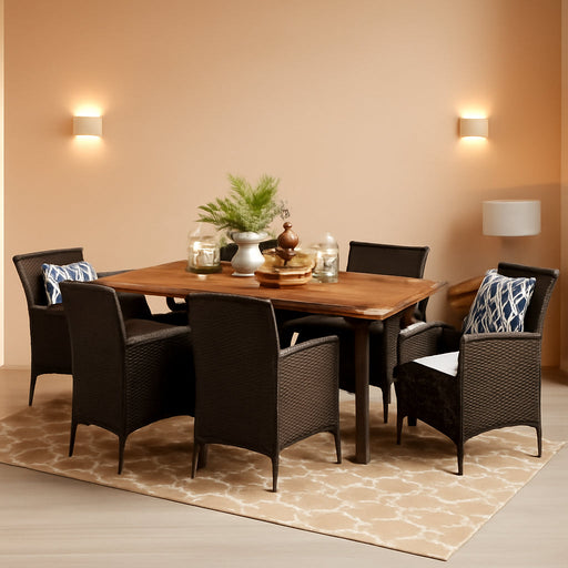 Randy | Outdoor 7-Piece Acacia Wood and Wicker Dining Set with Cushions | Teak Finish | in Multibrown/Beige, Rustic Metal