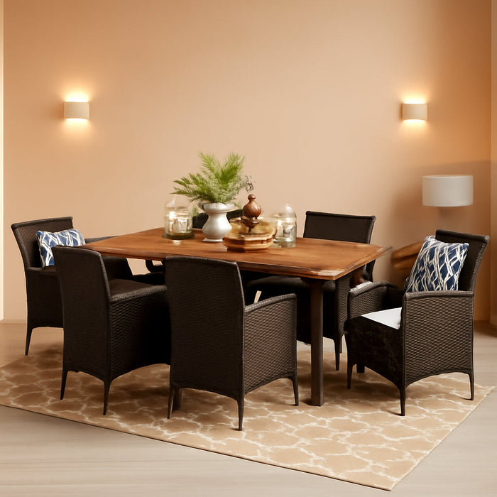 Randy | Outdoor 7-Piece Acacia Wood and Wicker Dining Set with Cushions | Teak Finish | in Multibrown/Beige, Rustic Metal