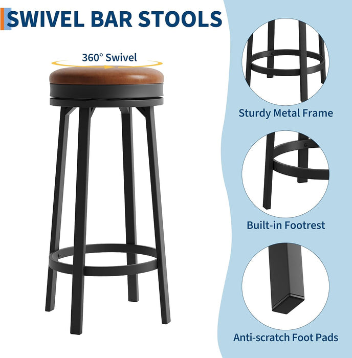 30'' Swivel Bar Stools Set of 4 with PU Leather Cushion | Backless round Counter Height Barstools, Metal Frame Legs and Footrest, for Kitchen Island, Home Bar, Brown