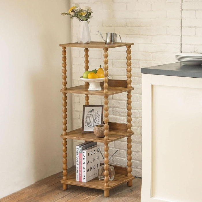 FourTier Bookcase SpindleLeg Open Shelves Caramel Tan