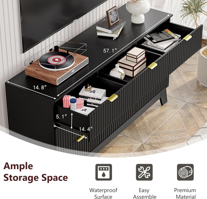 Black Dresser 9 Drawer Dresser for Bedroom, 57''Wide Fluted Wooden Dresser Storage Cabinet and Chest of Drawers with Metal Handle, Storage Organizer for Living Room, Hallway, Entryway