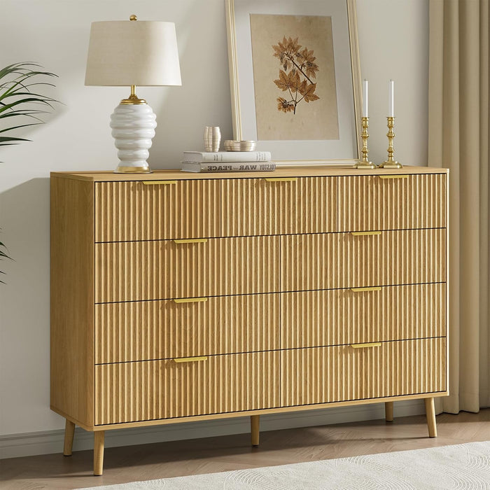 Fluted 9 Drawer Dresser for Bedroom, 55" Wide Modern Chest of Drawers with Curved Profile Design and Metal Handles, Wood Dresser TV Stand & Storage Organizer for Bedroom, Hallway, Oak