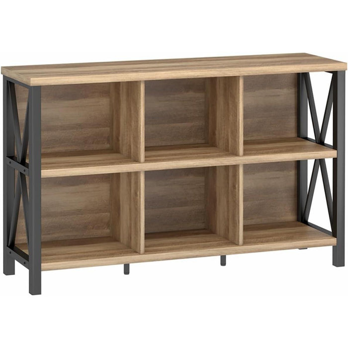 6 Cube Storage Organizer with Shelf, Long Wood and Metal Cubby Bookcase, Industrial Horizontal Bookshelf (Rustic Oak, 47 Inch)