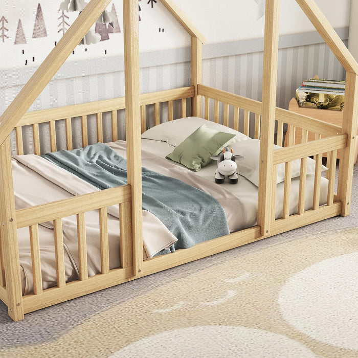 Full Size House-Shaped Natural Wooden Kids Floor Bed