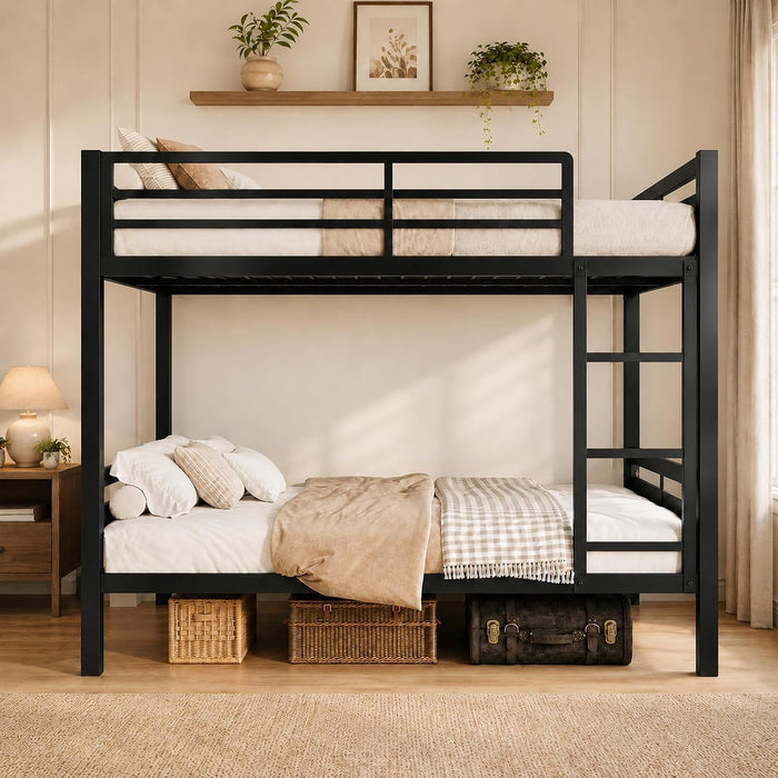 Metal Bunk Bed Full over Full with Ladder and High Guardrail, Heavy-Duty Metal Slats Support, Noise Free, No Box Spring Needed, for Kids and Juniors, Black