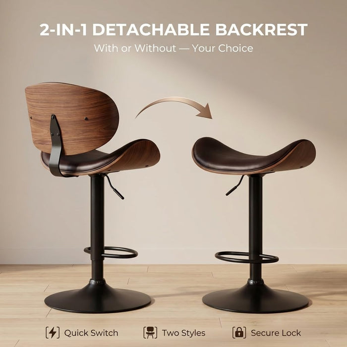 Bar Stools Set of 2, Adjustable Height 24-33'' Swivel Bar Chairs | PU Leather Upholstered Barstools with Removable Back for Kitchen Island Dining Room, Brown