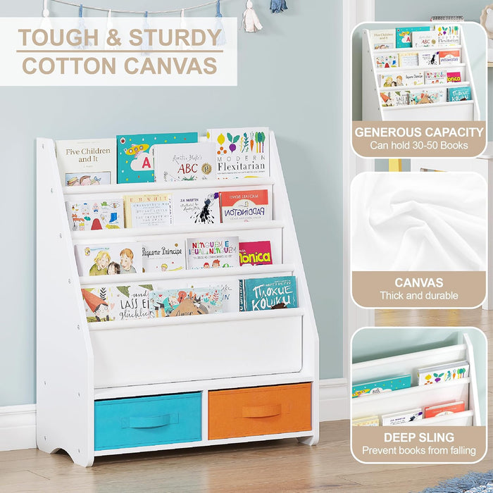 Kids Bookshelf with Storage Bins, Book Shelf for Kids Rooms, 4-Tier Toddler Sling Bookshelf for Nursery, Living Room, Bedroom, White