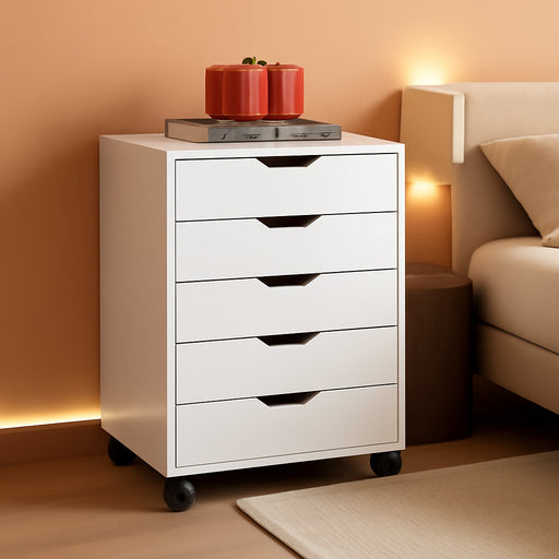 5-Drawer Chest, Wood Storage File Cabinet with Wheels, White