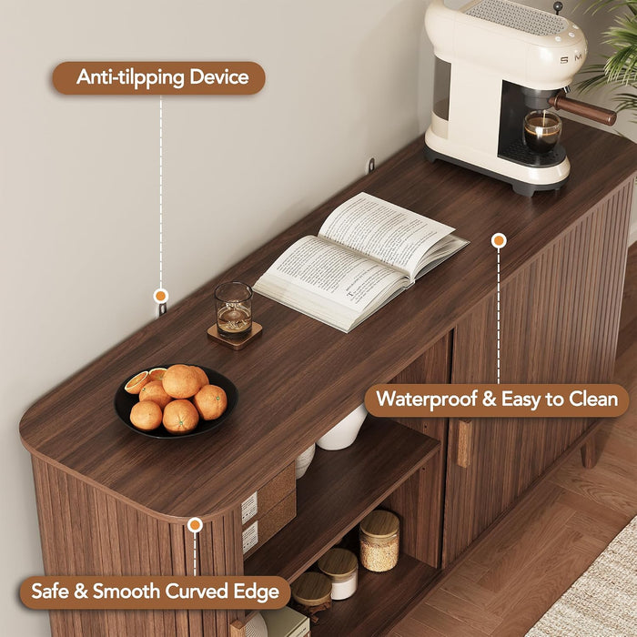 55" Fluted Sideboard Buffet Cabinet with Sliding Door, Mid-Century Modern Wood Sideboard, Adjustable Shelf, Coffee Bar Cabinet with Storage for Kitchen, Walnut
