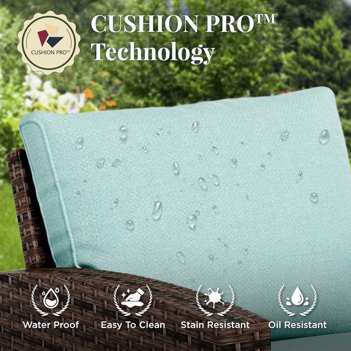 Swivel Glider Patio Furniture Set, 8 Pcs Wicker Rattan Outdoor Conversation Set, 2 X Swivel Chairs, 2 X Leg Chairs, 1 X 3 Seater Sofa and 2 X Ottomans and 56" Fire Pit Table, Blue