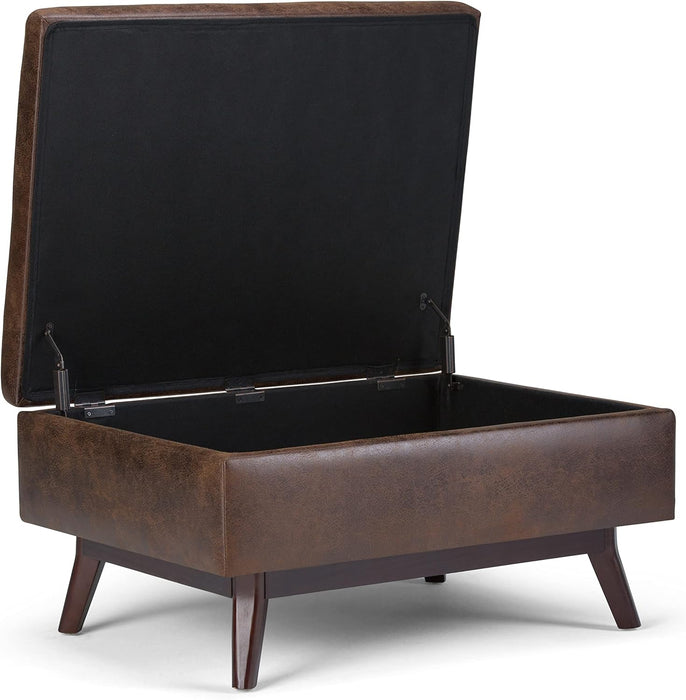 Owen 34 Inch Wide Mid Century Modern Rectangle Coffee Table Storage Ottoman in Distressed Chestnut Brown Vegan Faux Leather, Assembled, for the Living Room, Entryway and Family Room