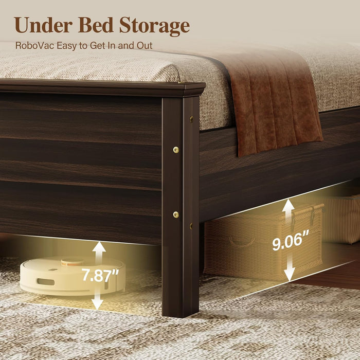 Queen Size Bed Frame with Tall Headboard, Mid Century Modern Wood Platform Bed with Charging Ports and LED Lights, Solid Wood Slat Support, No Box Spring Needed, Easy Assembly, Walnut Brown