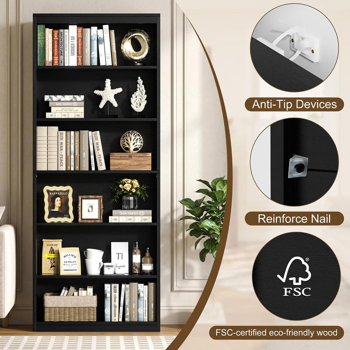 6-Tier Bookshelf, Tall Bookcase & Display Storage Shelves, Black