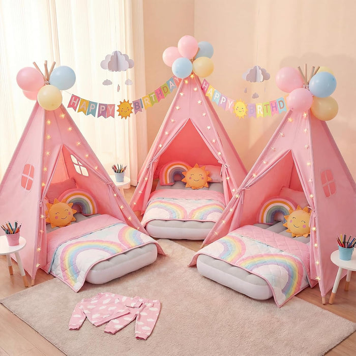 Pink Sleepover Teepee Tent for Kids-2 Pack Tipi Playhouse for Kids with Lights& Flag& Inflatable Airbed -Indoor/Outdoor Foldable- Slumber Party Tent -Sleepover Party Supplies