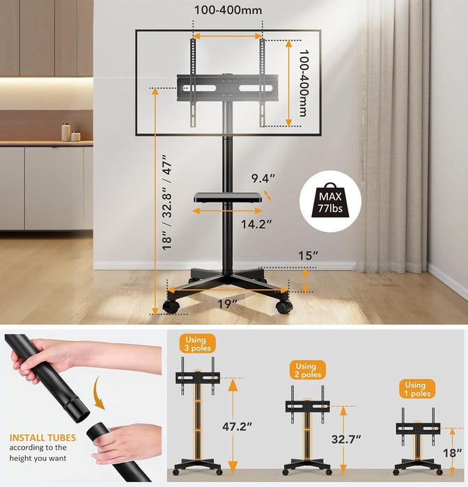 Mobile TV Stand for 23-60 Inch LCD LED Flat/Curved Screen Tvs, TV Cart Holds up to 77Lbs, Rolling TV Stand with Tilt, Height Adjustable, Pole TV Floor Stand with Shelf Max VESA 400X400Mm