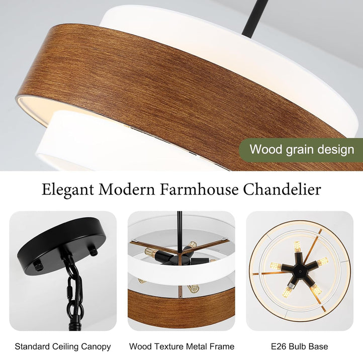 20Inch Farmhouse Chandelier Woodgrain Five Light Drum