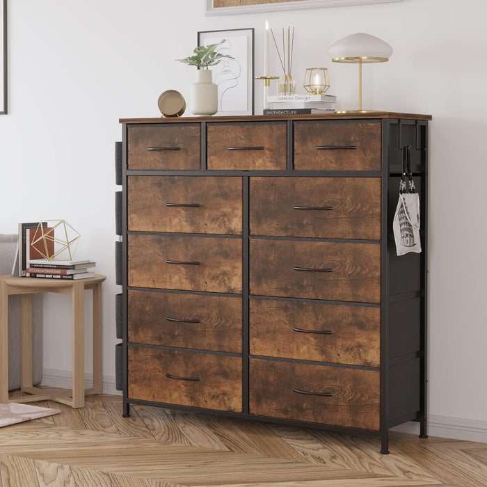 Dresser for Bedroom with 11 Drawer, Dressers & Chests of Drawers with Side Pockets, Hooks, Fabric Storage Drawer, Steel Frame, Wood Top, Organizer Unit and Pull Handle for Closet.