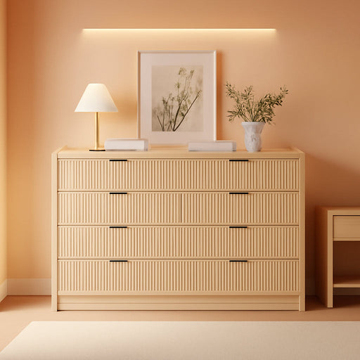 Natural Oak Fluted 8 Drawer Dresser 55 Inch Wide Bedroom