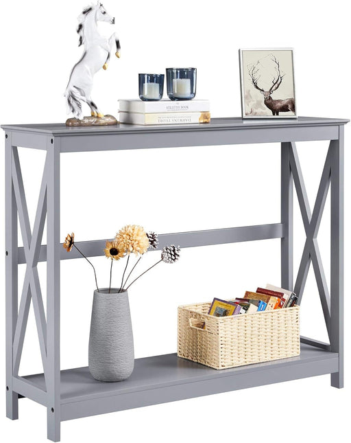 Console Table for Entryway, 2 Tier Narrow Sofa Table Bookshelf Accent Tables W/Storage Shelf, Living Room Entry Hall Foyer Tables Furniture, Grey