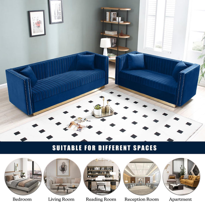 Velvet Sofa Set: Modern L Shaped Couch and Loveseat Set with Gold Metal Legs and Nailhead for Living Room, Apartment and Office (Blue)