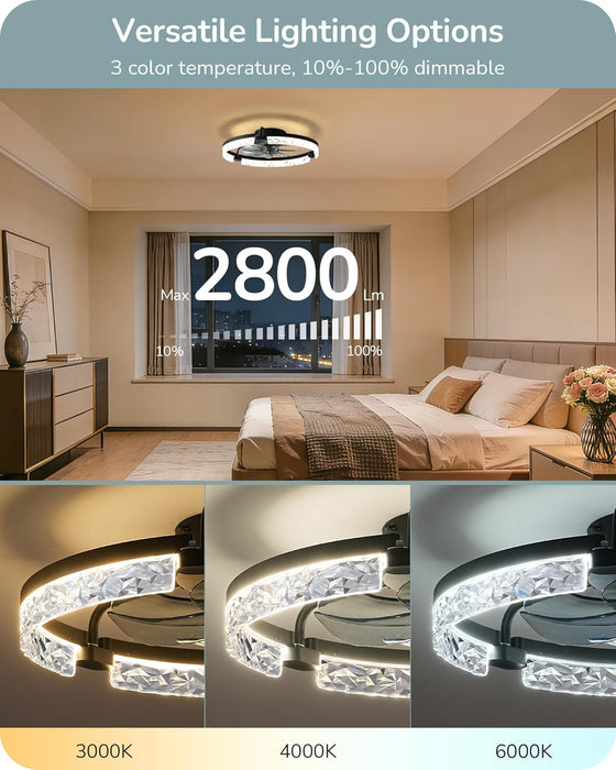 Ceiling Fans with Lights and Remote, 20'' Low Profile Ceiling Fan, 3000-6000K Dimmable, 6 Speeds LED Modern Flush Mount Fan Light, DC Motor, APP Control, Black Fandelier for Bedroom, Kitchen