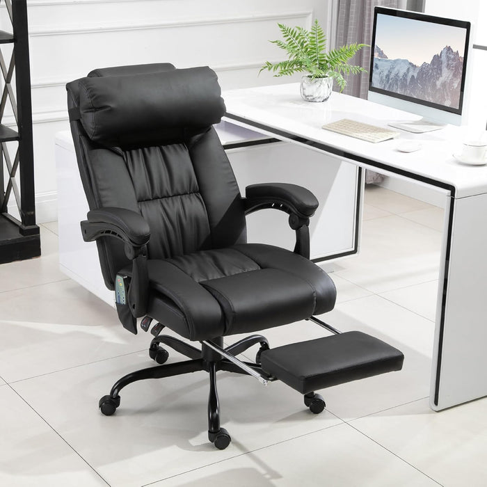 High Back Massage Office Chair with 6 Vibration Points, PU Leather Reclining Computer Chair, Ergonomic Desk Chair with Footrest Adjustable Height and Remote, Black