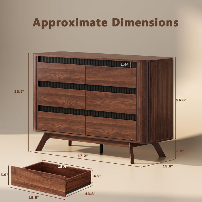 Fluted 6 Drawer Dresser for Bedroom, 47W X 31H, Modern Walnut Brown