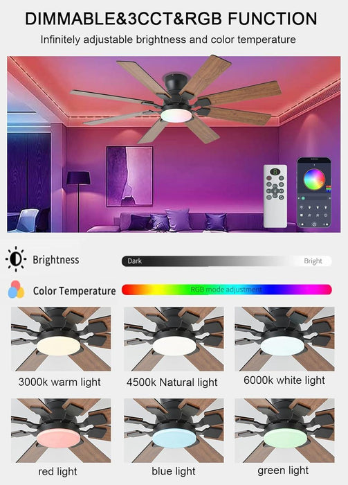 52 Inch Ceiling Fan with Light, 6 Speeds Reversible Low Profile Ceiling Fan with Light and Remote/App Control, 3 Color Temp+Dimmable RGB, 8 Blades, Flush Mount Quiet Ceiling Fans, Brown