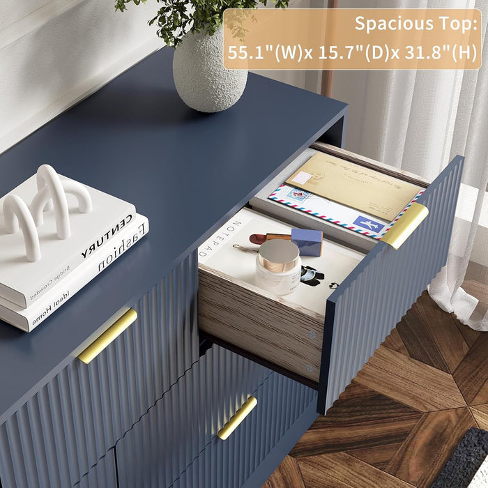7 Drawer Fluted Dresser with Deep Drawers for Bedroom, Blue丨55 Wide Mid Century Dresser, Modern Chest of Drawers, Wood TV Stand Storage Organizer for Closet, Living Room, Hallway