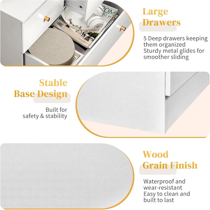 Modern White 5 Drawer Dresser For Bedroom Storage Organization