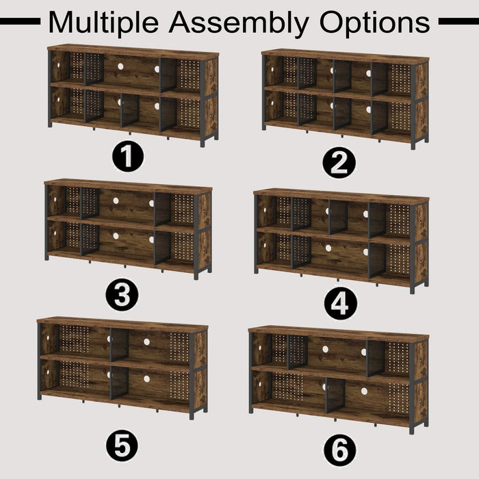 Rustic Horizontal Bookshelf, Industrial Bookcase Cube Storage Organizer, Wide Large Metal Wooden Office Cube Shelf, Farmhouse Low Long Book Shelf for Home Bedroom Living Room, Rustic Brown, 63 In