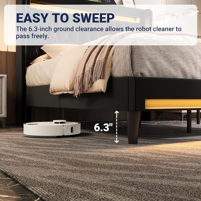 Upholstered Full Size Platform Bed Frame with LED Light and Charging Station, Button Tufted High Headboard, Wingback Design, Noise Free, Easy Assembly, No Box Spring Needed, Black