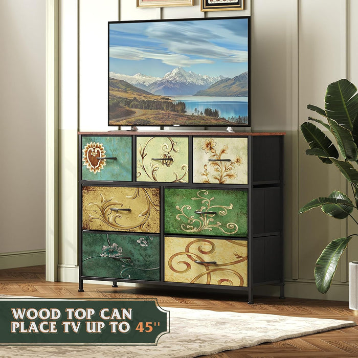 Dresser for Bedroom, 7 Drawers, TV Stand, Floral