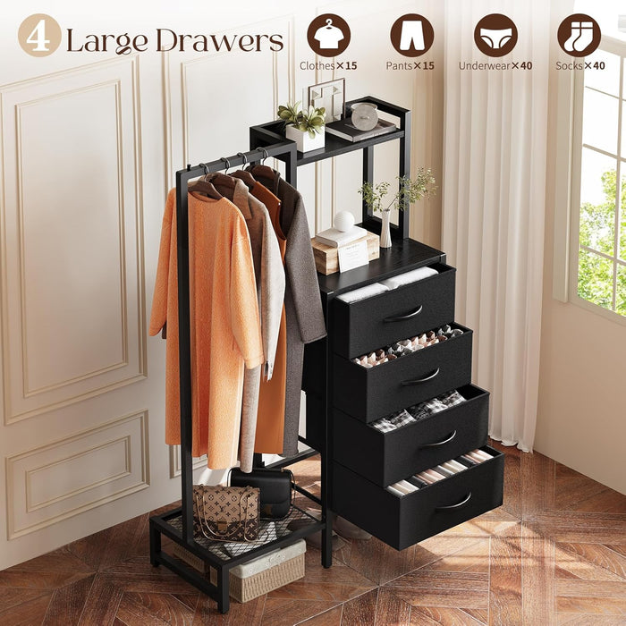 Black Dresser with Hanging Rack - Small Closet with 4 Fabric Storage Drawers, 44" H Dresser with Clothes Rack, Chest of Drawer, Kids Dressers for Bedroom, Entryway, Living Room, Sturdy Frame