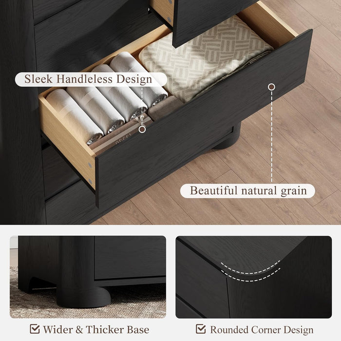 Black Dresser for Bedroom with 6 Drawers, 48" Tall Modern Chest of Drawers with Unique Thickened Foot, Rounded Corner Design, Wooden Dresser Organizer for Bedroom, Living Room, Hallway