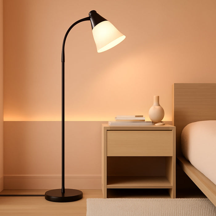 Floor Lamp for Living Room, Adjustable Head Standing Lamp with White Plastic Shade, Black Reading Floor Lamps for Dorm, Bulb Not Included
