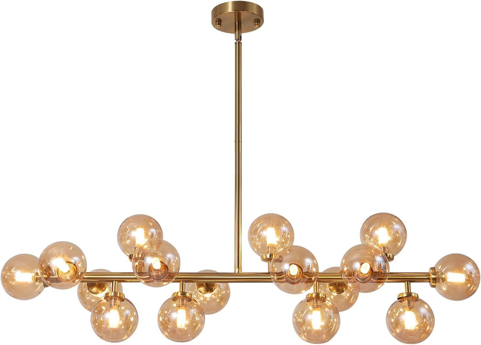 Gold Rectangular Chandelier With Amber Glass Globe