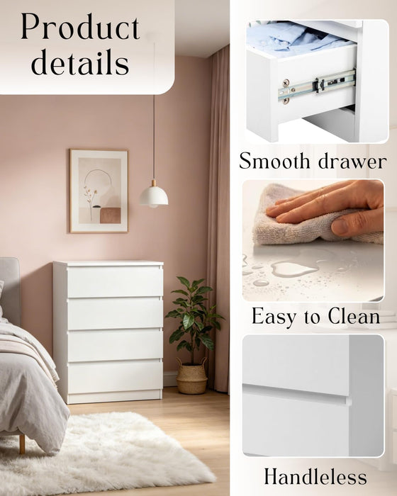 White 4 Drawer Dresser - Modern Chest of Drawers for Bedroom, Small Wood Dressers with Storage, Cut-Out Handles, Anti-Tipping, Living Room, Hallway, Entryway, Home Office