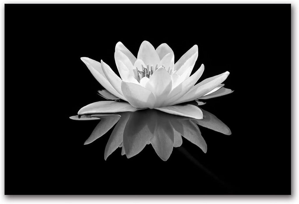 Lotus Flower Canvas Print Zen Wall Art Black and White Floral Pictures Painting Bathroom Spa Decor Frame Ready to Hang (Black and White Lotus Flower - 1, 12"X18"(30X45Cm))