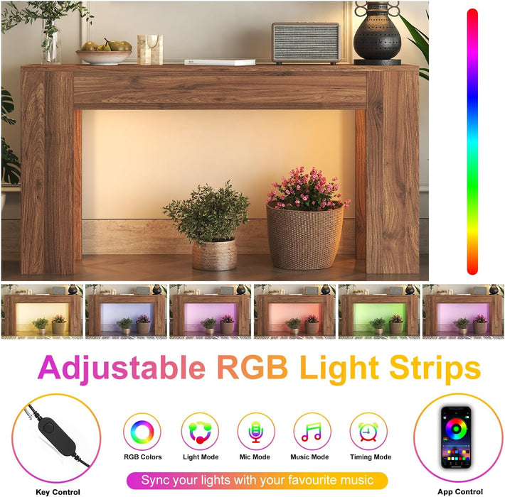 63-Inch Long Console Table with LED Light, Farmhouse Sofa Table behind Couch, Wooden Console Table for Entryway Hallway Entrance Living Room, Brown