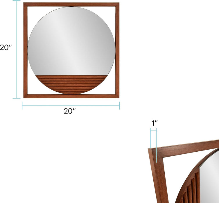 Dirken Hanging round Wall Mirror, Modern Geometric Style Mirror with Square Wooden Frame and Brown Finish for Living Room, Entryway and Bathroom, 20 X 20 Inch