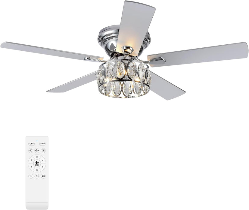 52 Inch Flush Mount Ceiling Fans with Lights Remote Control, 5 Reversible Blades Indoor Low Profile Crystal Lighting Chandelier Ceiling Fans for Bedroom Living Room (Chrome)