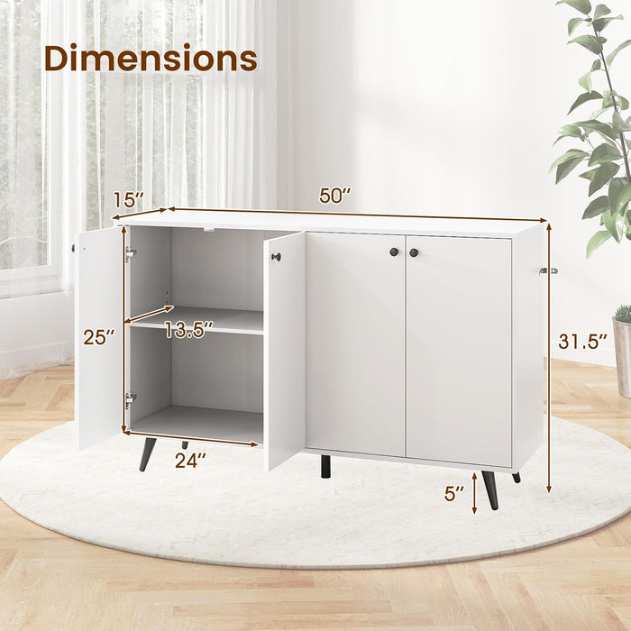 Sideboard Buffet Cabinet, 50’’ Accent Kitchen Storage Cabinet with 4-Door & 5-Position Adjustable Shelves, Modern White Sideboard with 5 Support Legs, Buffet Table for Coffee Bar, Living Room