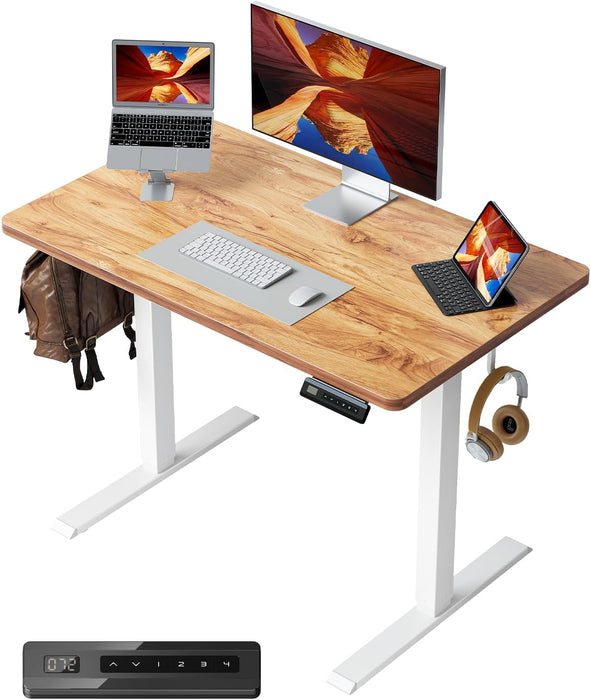32 X 20 Small One-Piece Standing Desk, Adjustable Height Electric Computer Home Office Sit Stand up Workstation, with 4 Memory Presets, Headphone Hook, Light Vintage