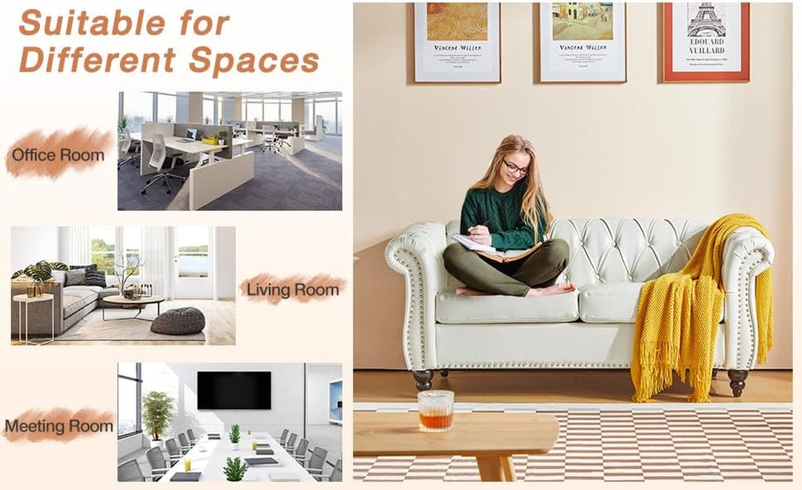 3 Piece Living Room Set, Chesterfield Faux Leather Sofa Loveseat Couch Chair with Scroll Arms and Nailhead for Living Room, Office (White)