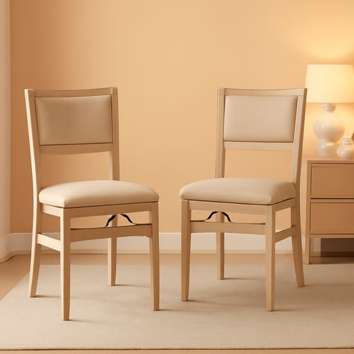 Keira Wooden Folding Chair Upholstered Seat and Back Set of 2, Dining Height, Rustic Natural & Beige