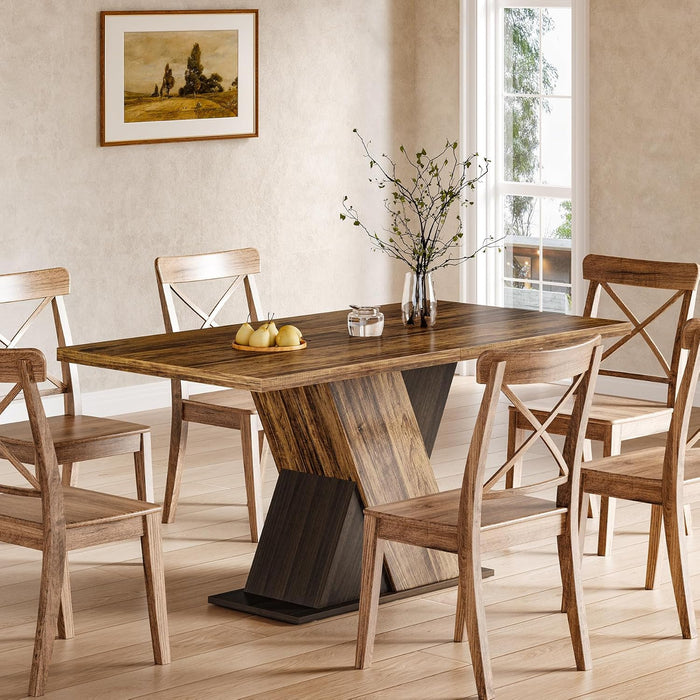 55-Inch Dining Table for 6, Wooden Rectangle Kitchen Table, Large Dining Room Tables, Industrial Dinner Table with Heavy Duty Pedestal, Rustic Brown